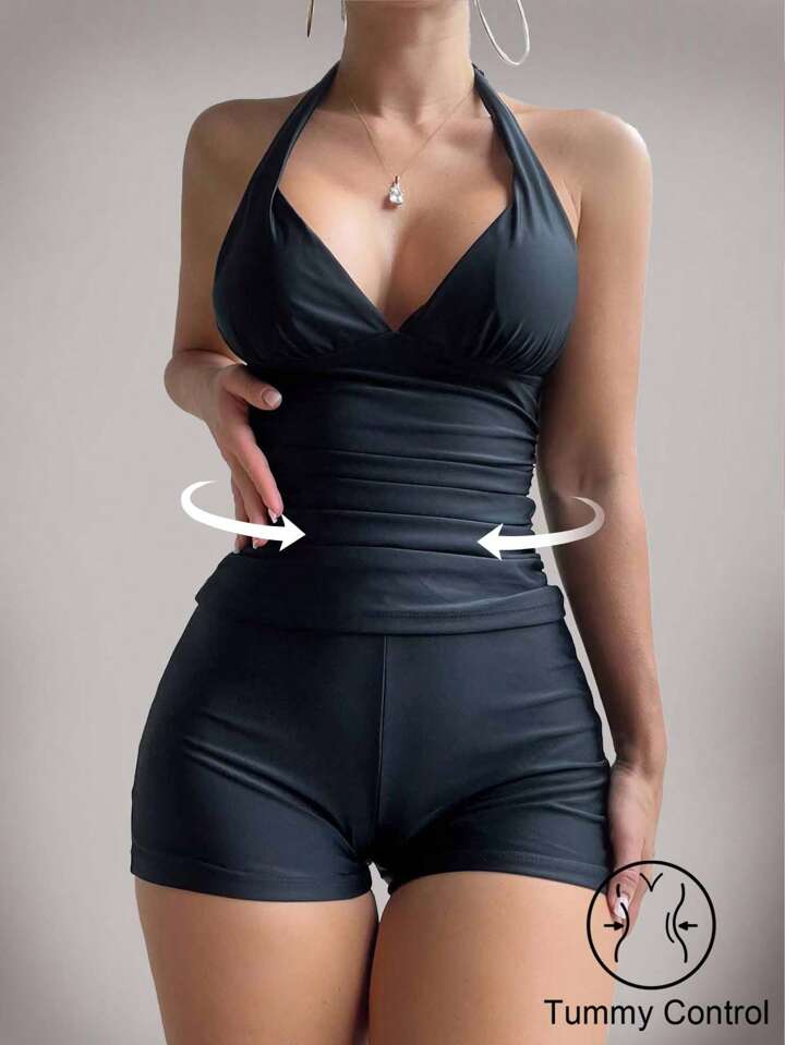 Summer Beach Plain Tummy Control Halter Shorts Tankini