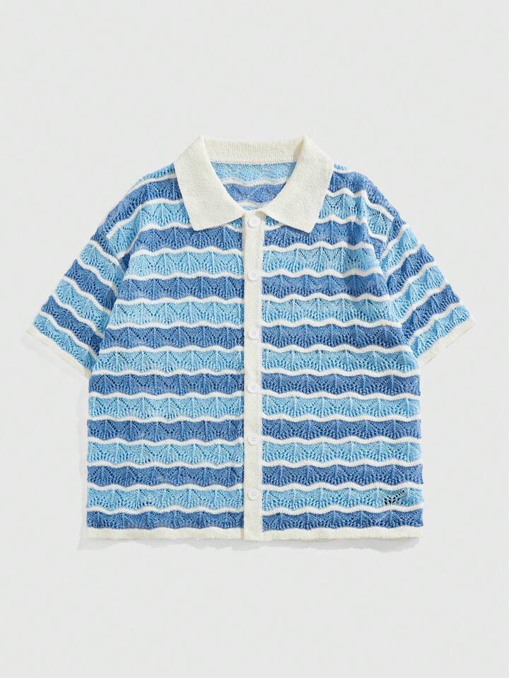 Casual Preppy Men's Turn-Down Collar Wavy Pattern Cardigan