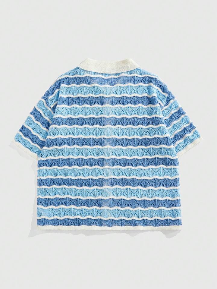 Casual Preppy Men's Turn-Down Collar Wavy Pattern Cardigan