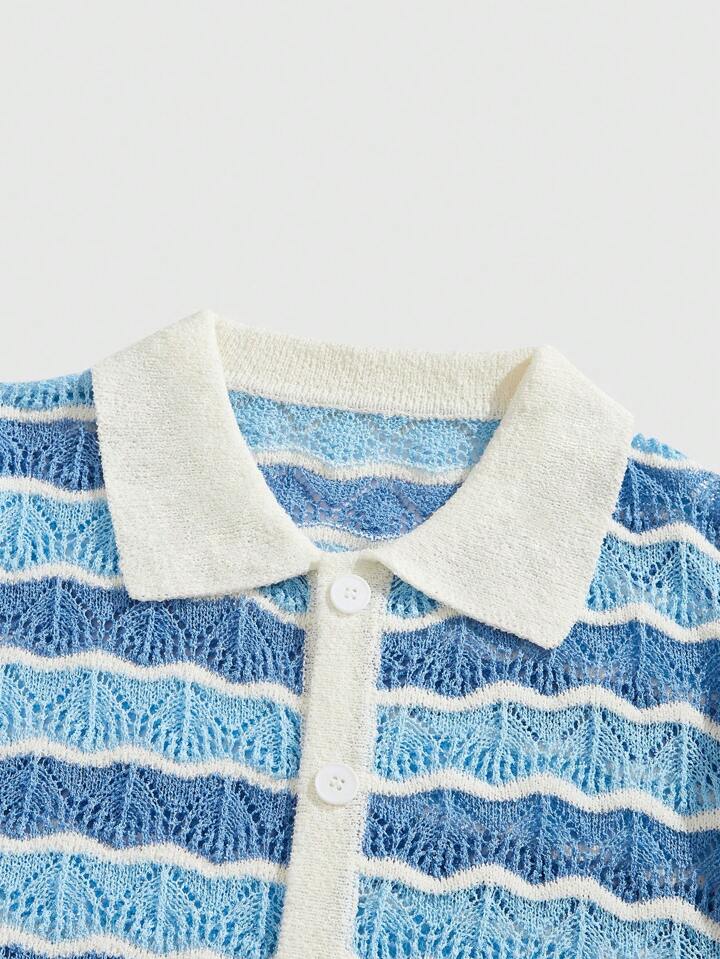 Casual Preppy Men's Turn-Down Collar Wavy Pattern Cardigan