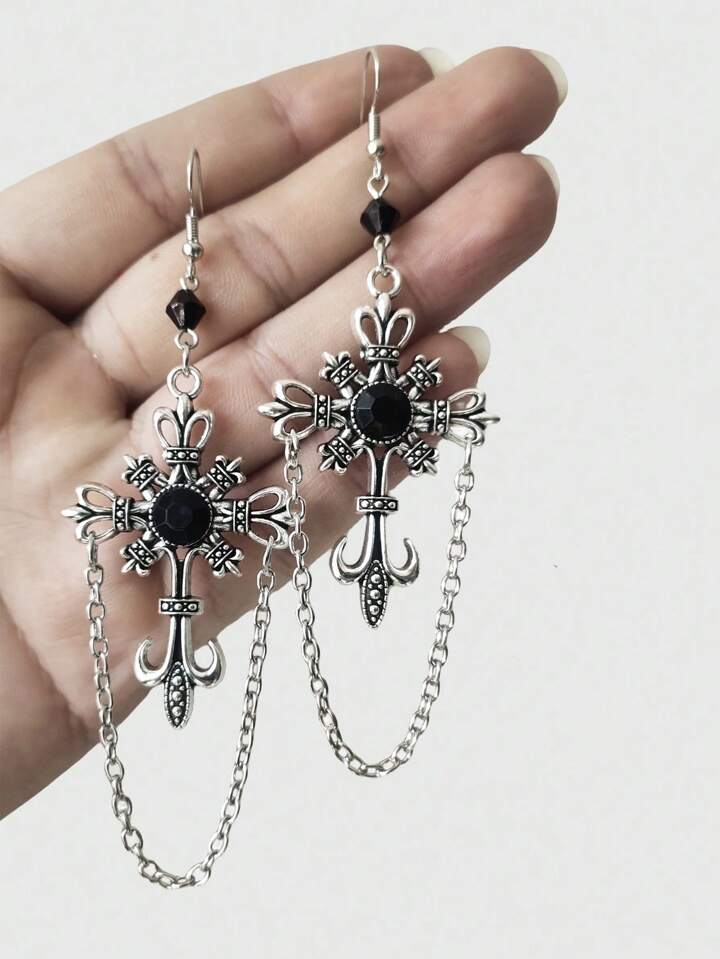 2pcs Gothic Cross Chain Earrings, Halloween