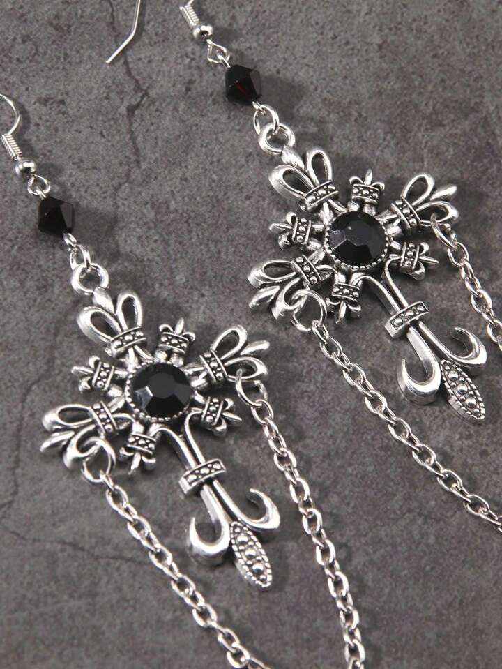 2pcs Gothic Cross Chain Earrings, Halloween