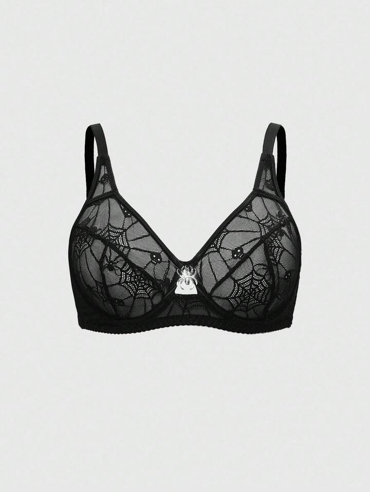 Plus Size Gothic Skeleton, Spider Web, Bat Metal Pendant Underwire Bra