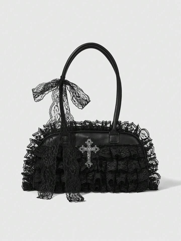 Goth Black Lace Trim Handbag, Minimalist & Practical Multifunctional