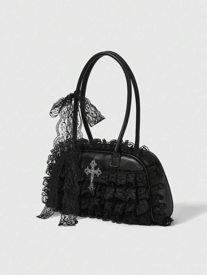 Goth Black Lace Trim Handbag, Minimalist & Practical Multifunctional
