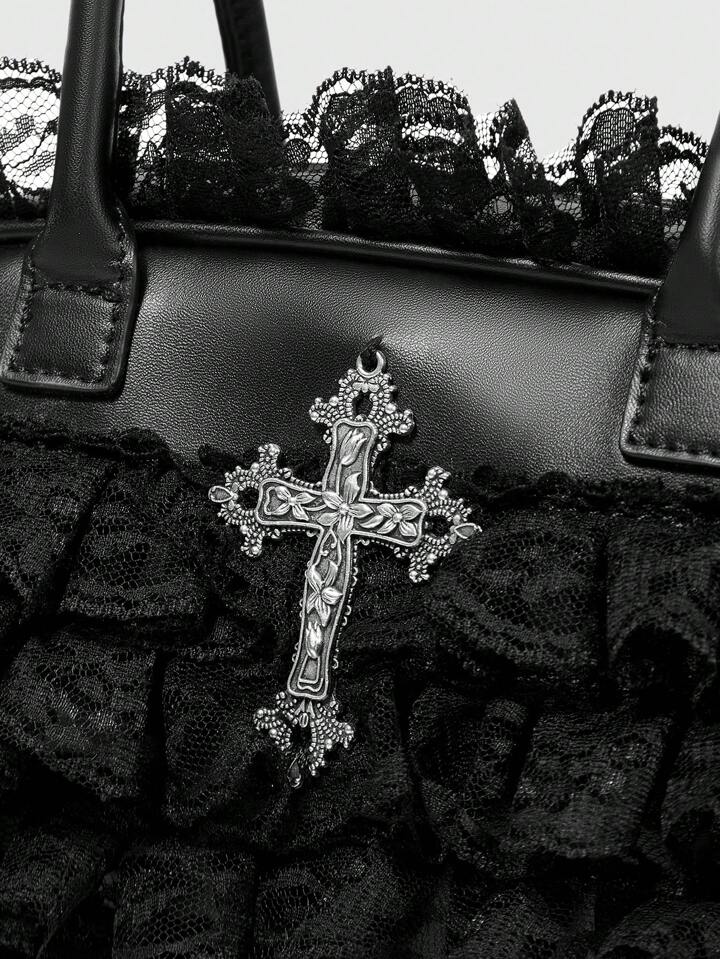 Goth Black Lace Trim Handbag, Minimalist & Practical Multifunctional