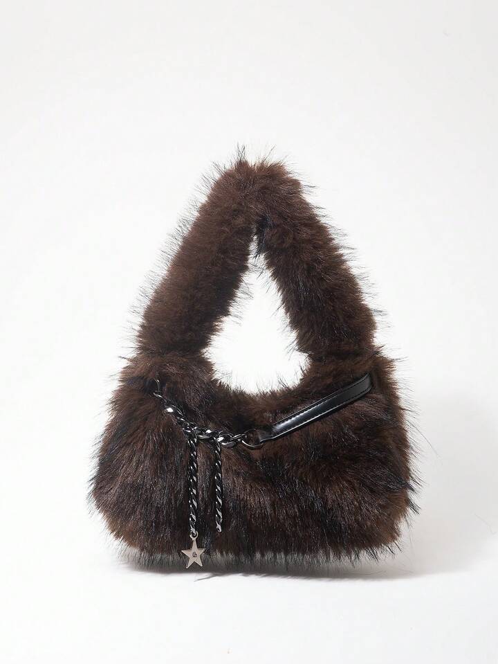 Grunge Punk 2000s Style Women Shoulder Bags,Punk  Rivet Biker Bags,Fur Purse ,Autumn & Winter Wallets, Hobo Handbag(Random Pattern)