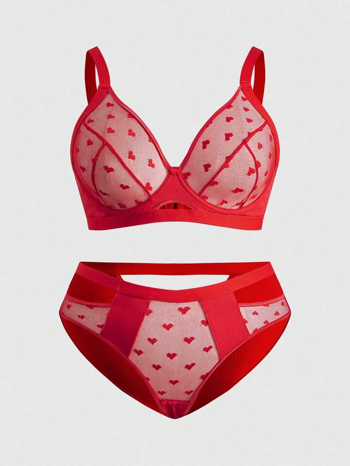 Goth Plus Size Sweet & Sexy Heart Mesh Jacquard Underwire Bra And Panty Set, For Valentine's Day