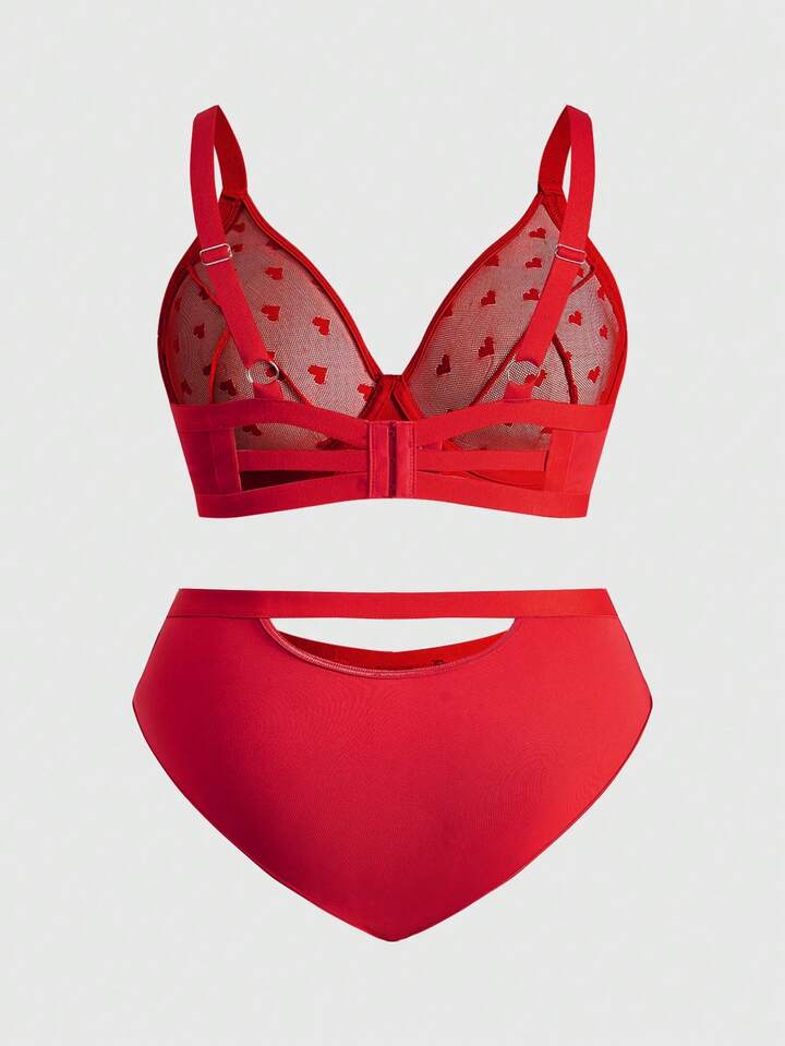 Goth Plus Size Sweet & Sexy Heart Mesh Jacquard Underwire Bra And Panty Set, For Valentine's Day 2 Goth Plus Size Sweet & Sexy Heart Mesh Jacquard Underwire Bra And Panty Set, For Valentine's Day