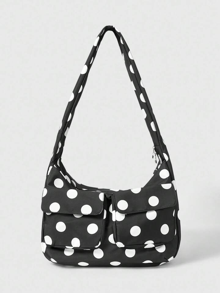 Anime Retro Minimalist Black & White Polka Dot Women's Large Capacity Shoulder Bag, Casual Tote Bag, Suitable For Daily Commute, Travel, Etc.