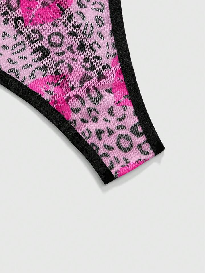 J-Fashion 3pcs/Pack Y2K Harajuku Style Leopard Lip Print Mesh & Lace Patchwork Women Thong Panties