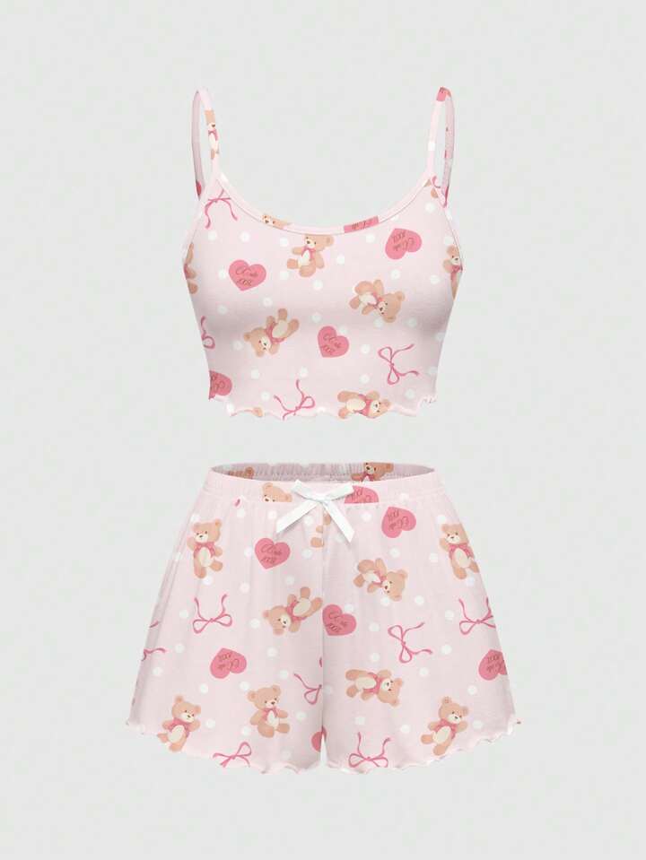 Kawaii Women's Cartoon Bear & Heart Print Camisole And Shorts Pajama Set, Casual Sleepwear