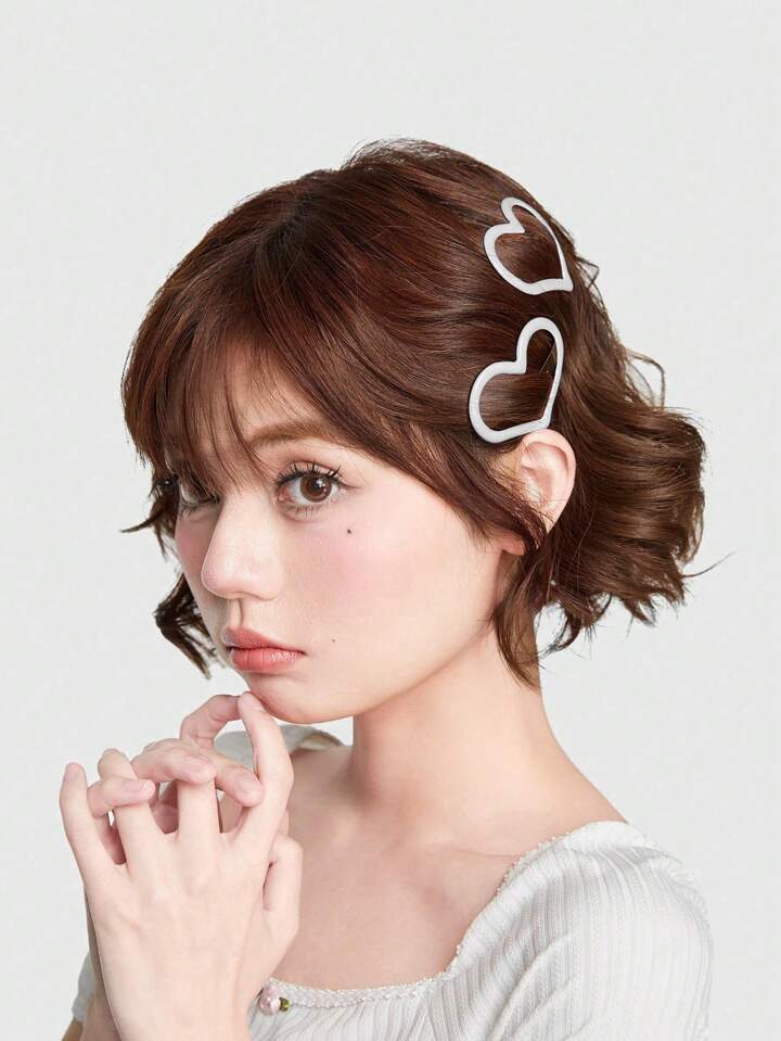 Kawaii 2pcs Minimalist Delicate Sweet Elegant White Heart Shaped Painted Drip Oil Hair Clips, Side Bangs Clips, Suitable For Daily Wear & Gifts Valentines Claw Clips Hair Claws Hair Barrettes