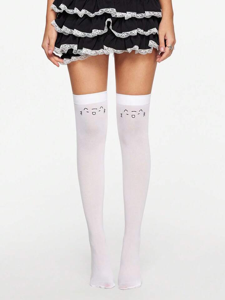 1 Pair White Cute Kawaii Cat Face Solid Color Simple Fashion Personalized Women's Thigh High Socks, Suitable For Anime JK Skirt Matching, Daily Outfit, Shopping, School
