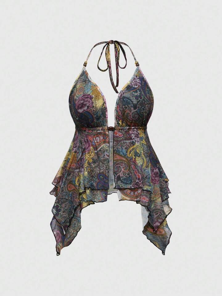 Goth Plus Size Retro Western Hippie Paisley Print Asymmetrical Hem Camisole