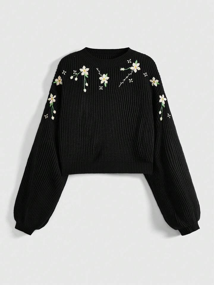 Fairycore Plus Size Casual Ribbed Knit Floral Embroidered Pullover Sweater, Autumn/Winter