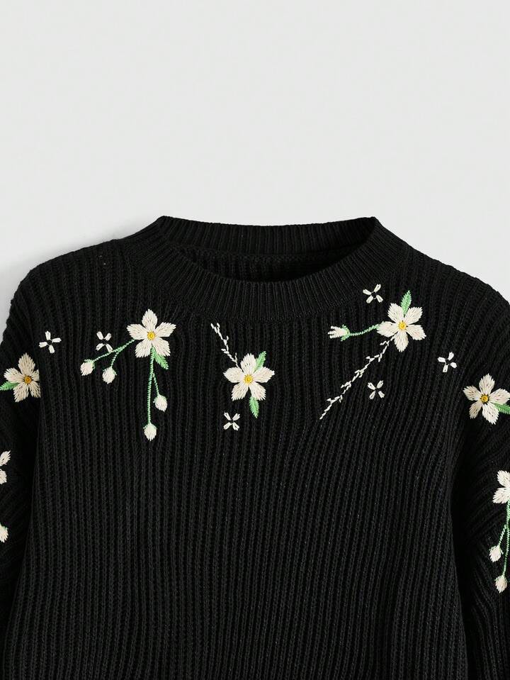 Fairycore Plus Size Casual Ribbed Knit Floral Embroidered Pullover Sweater, Autumn/Winter