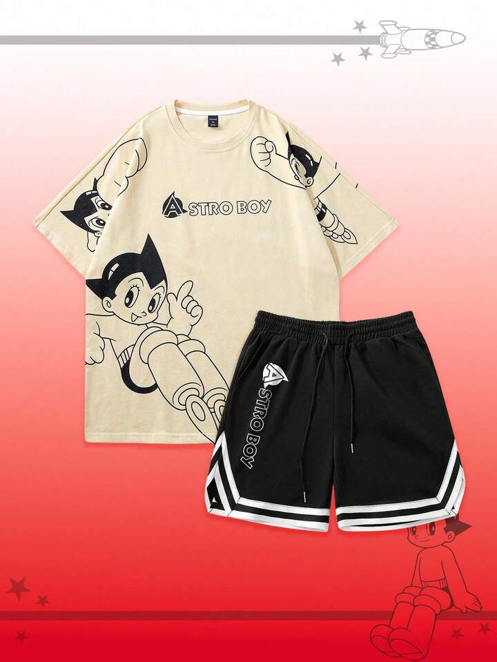 Astro Boy X ROMWE Men's Casual Cartoon Figure Graphic T-Shirt Paired With Sports Shorts, Suitable For Spring & Summer