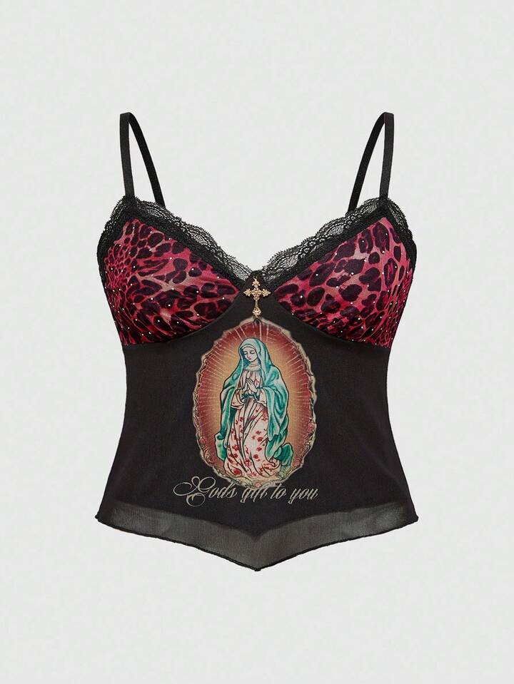 Fairycore Plus Size Y2K Saint Mary Leopard Print Rhinestone Lace Camisole