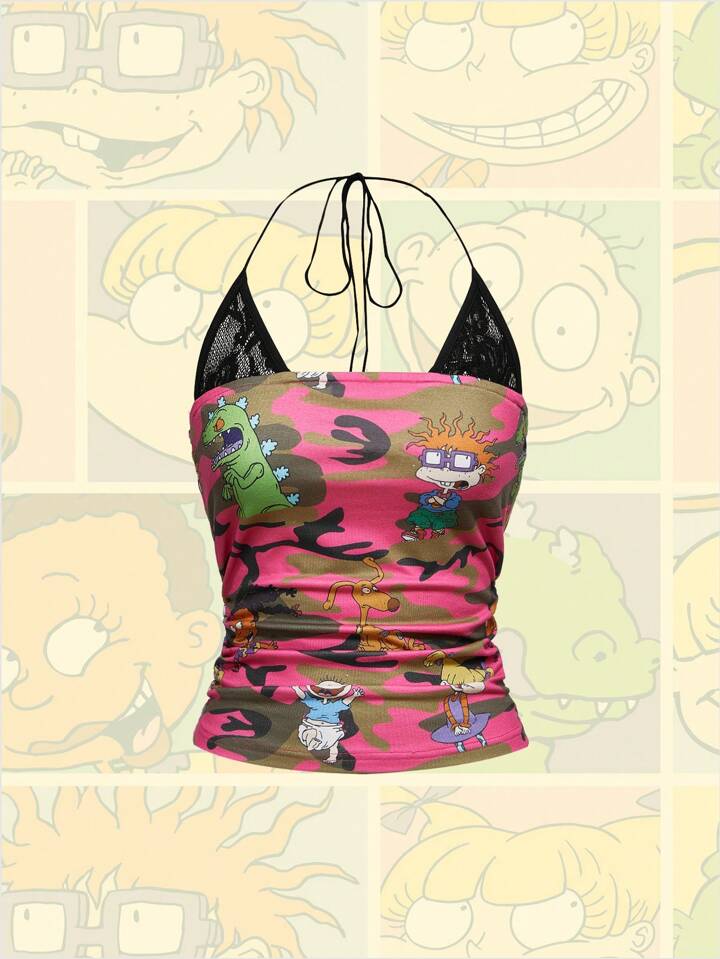 Nick 90's X ROMWE Cartoon Character Graphic Contrast Lace Distressed Washed Camisole Top For Women