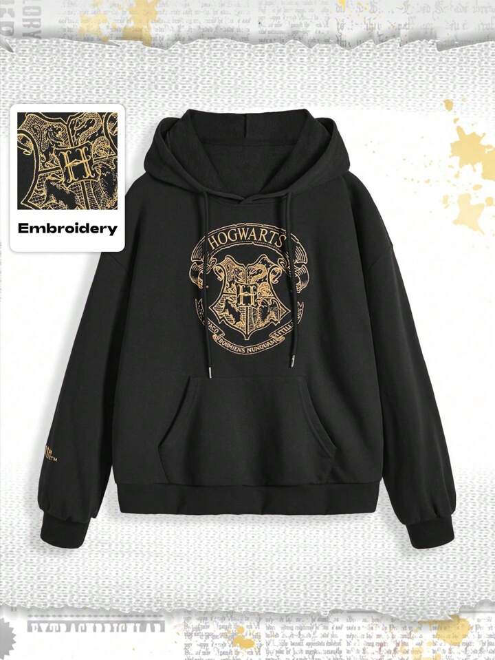 Harry Potter | ROMWE Women Embroidered Graphic Loose Hooded Sweatshirt Graduation,Back To School Outfits,Graduation,Teacher Outfits For Women,Back To School