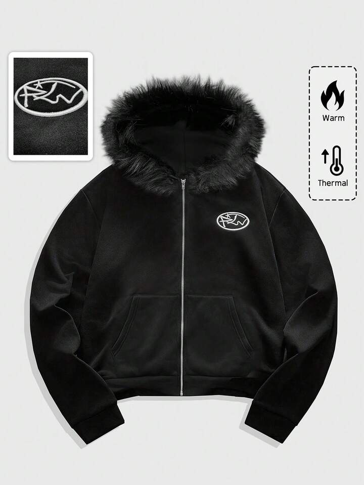 Casual Men's Autumn/Winter Embroidered Zip-Up Hooded Sweatshirt With Fur Collar, Long Sleeve Top
