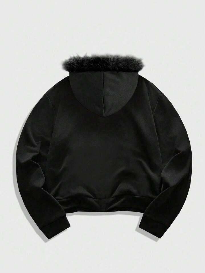 Casual Men's Autumn/Winter Embroidered Zip-Up Hooded Sweatshirt With Fur Collar, Long Sleeve Top