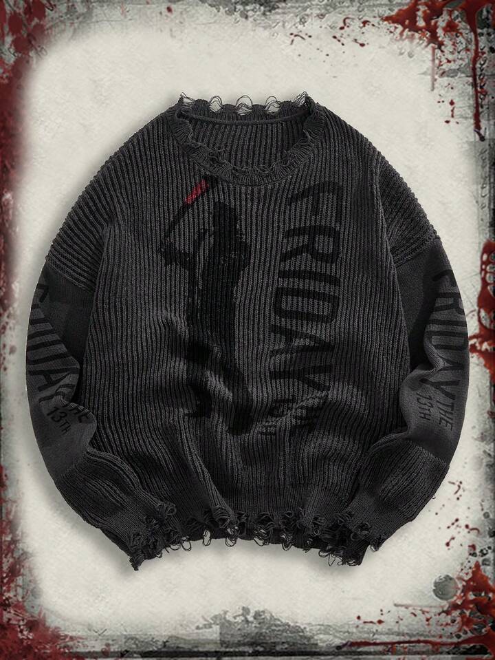 Friday the 13th X ROMWE Men's Crew Neck Horror Movie Pattern Knit Sweater, Dark & Cool, Fall Winter