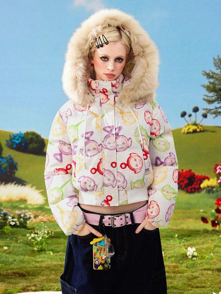 Teletubbies X ROMWE Women's Autumn/Winter Warm Patchwork Faux Fur Trim Hooded Padded Coat