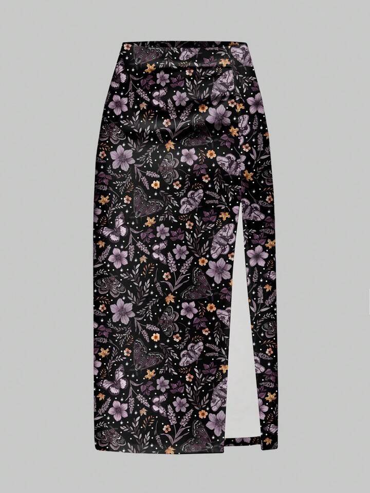Women's Floral Bohemian Vacation Fairycore Butterfly Moth Botanical Print A-Line Skirt, Perfect For Beach