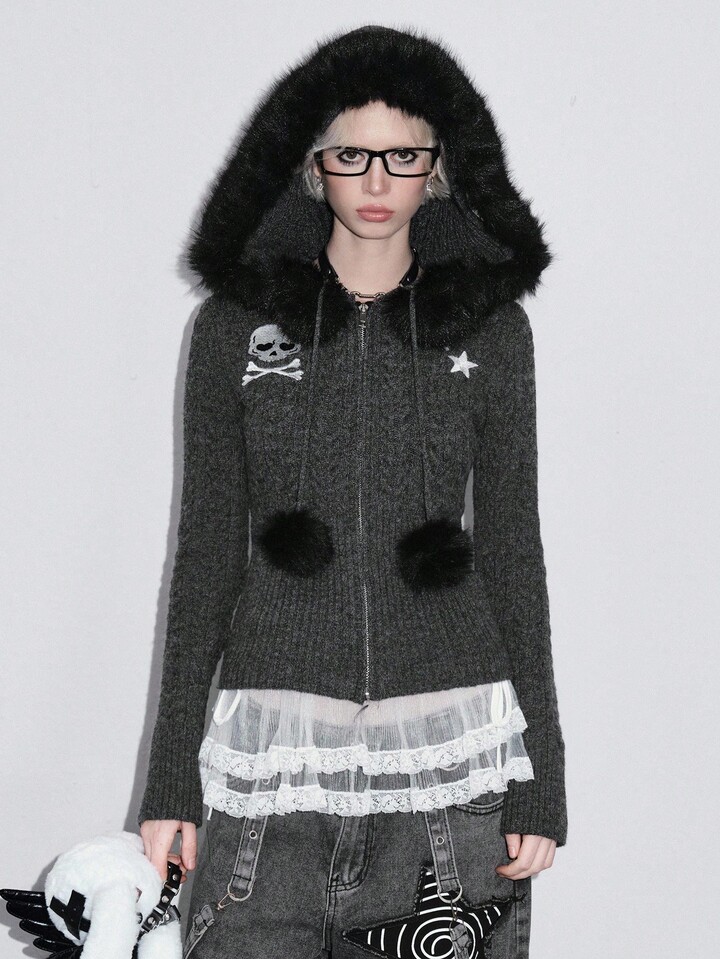 J-Fashion Y2K Baddie Abby Skeleton & Star Embroidered Hooded Fuzzy Zip-Up Cardigan For Women, Halloween