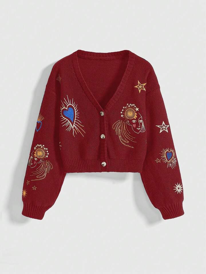 Grunge Punk Vintage Heart Portrait & Star Moon Embroidery Loose Cropped Knit Cardigan