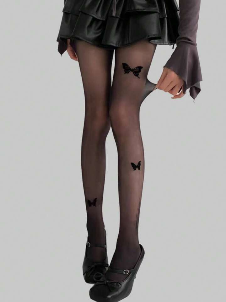Fairycore 1pair Women Sheer Tights With Three Black Butterflies, For All Seasons