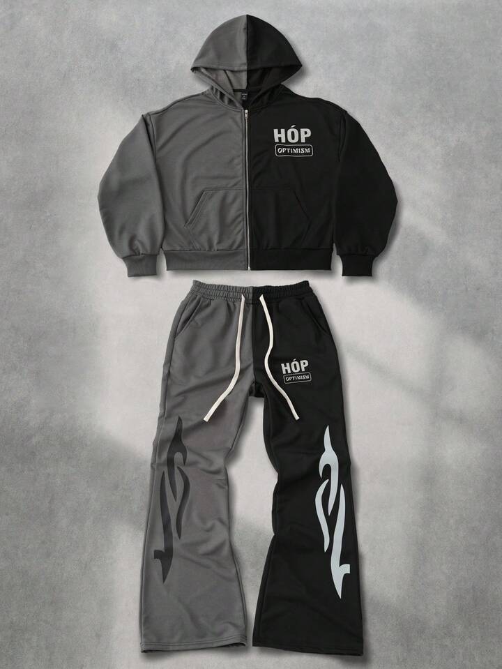 Street Life 2pcs Men's Contrast Color Patchwork Print Sweatshirt And Drawstring Sweatpants Set, Fall Clothes
