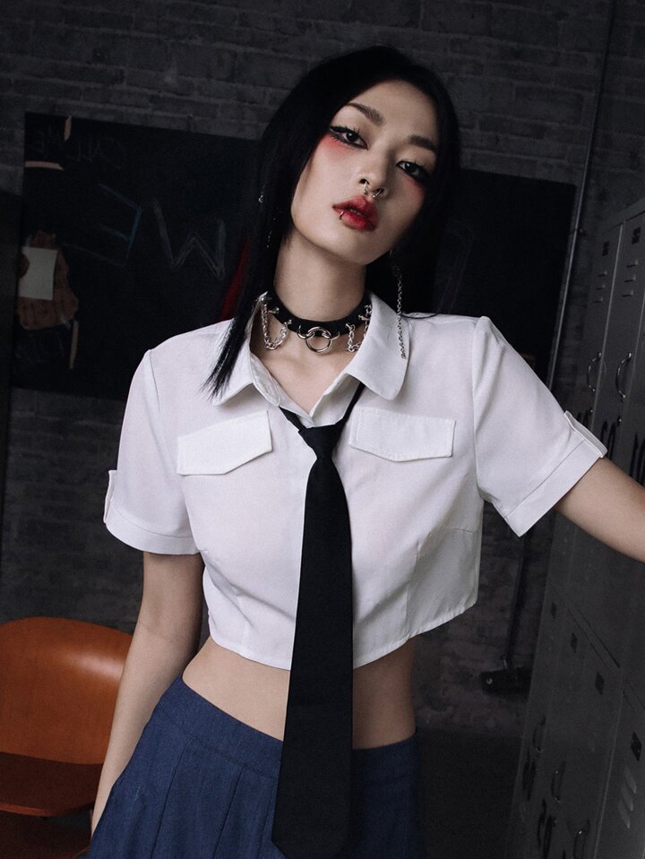 Grunge Punk Solid Button Front Shirt & 1pc Tie, School