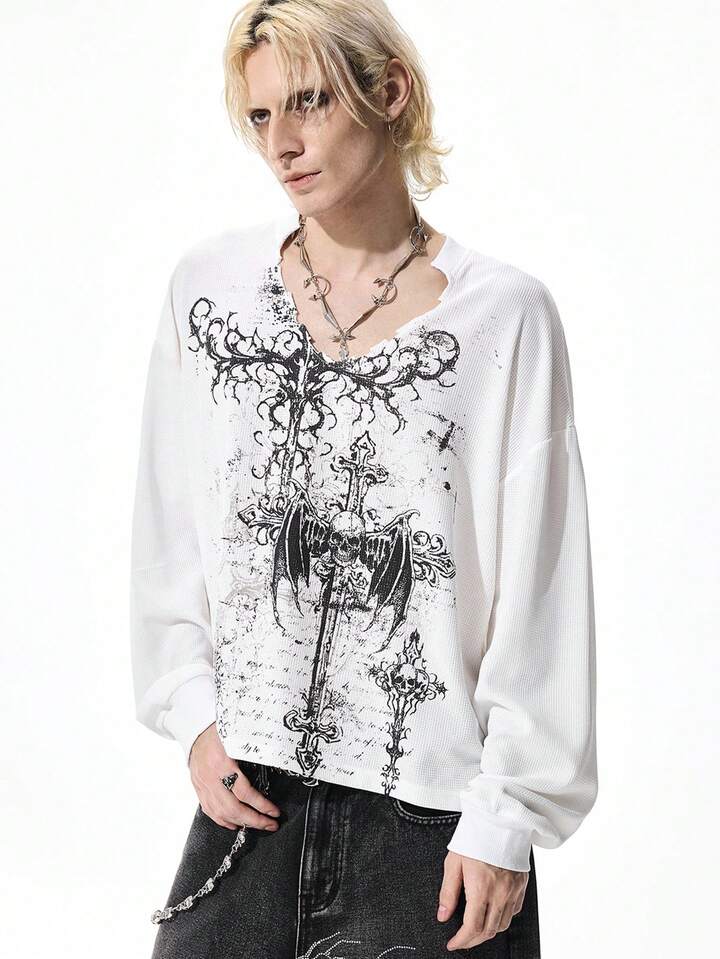 Goth Men's V-Neck Long Sleeve Cross Print Casual White T-Shirt