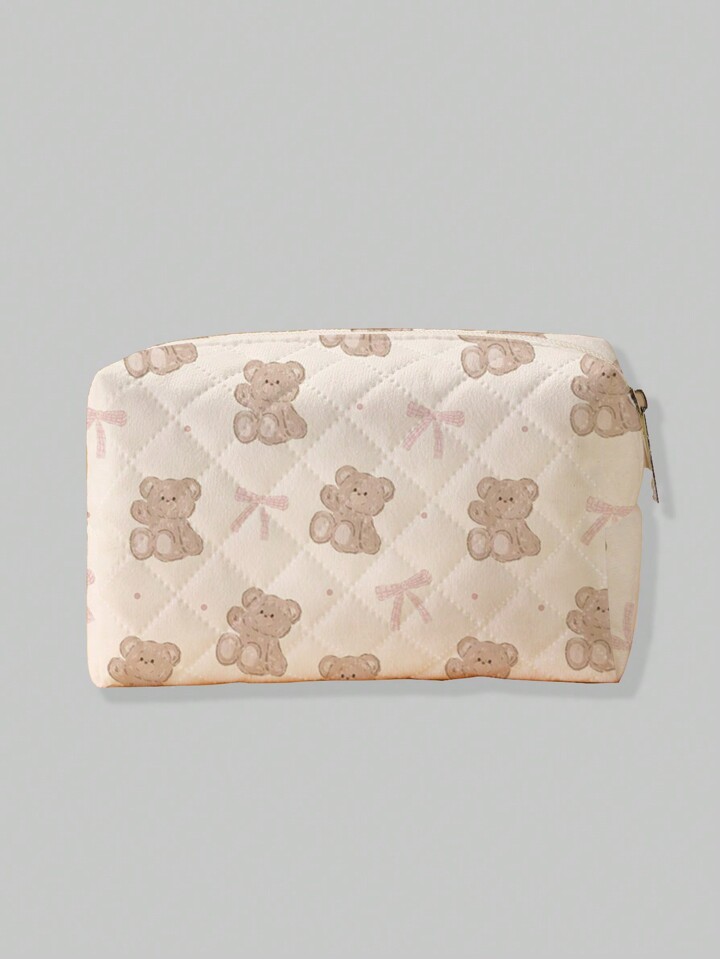 Kawaii Bear And Bow Pattern Octagonal Flannel Cosmetic Bag