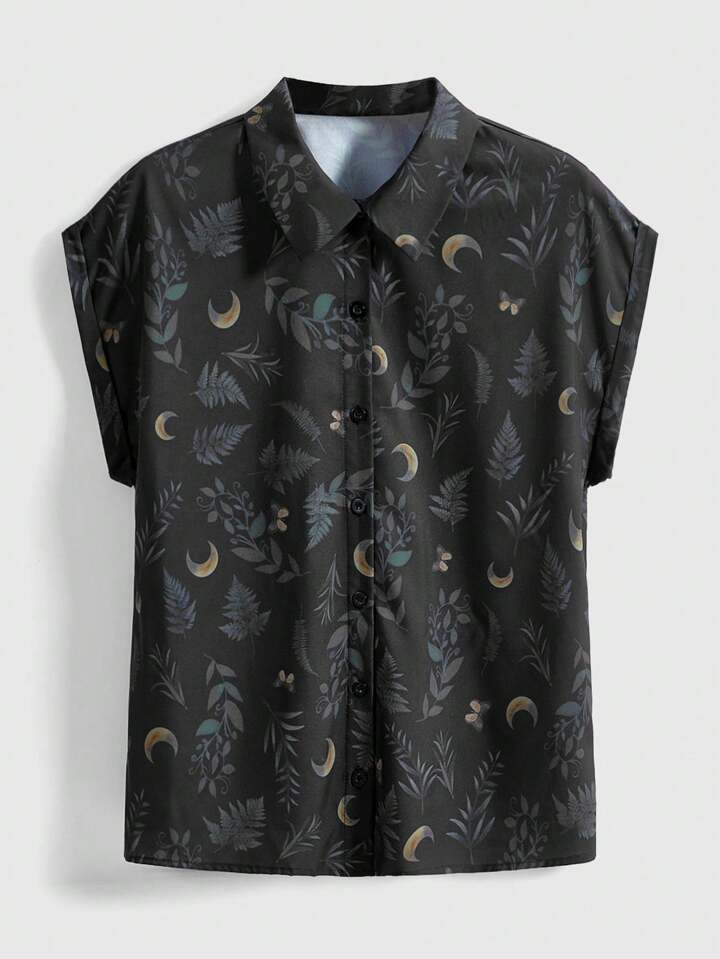 Goth Plus Size Casual Holiday Shirt With Dark Star, Moon And Leaf All-Over Print