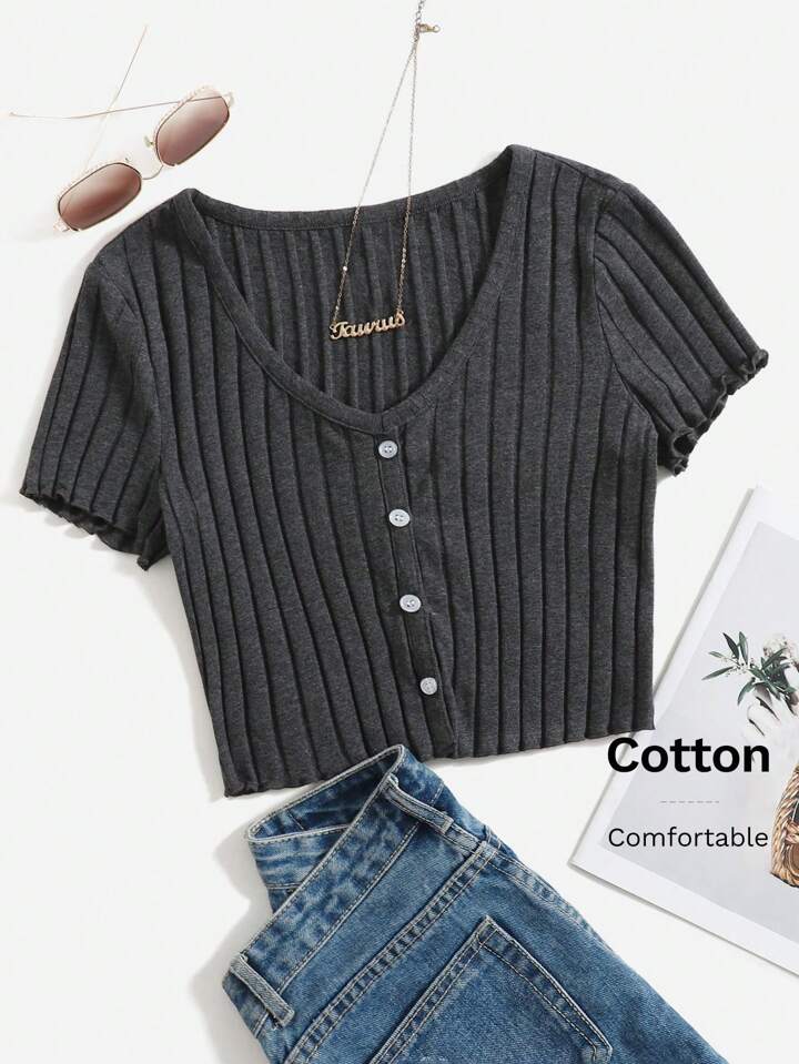 Button Up Rib-knit Crop Top