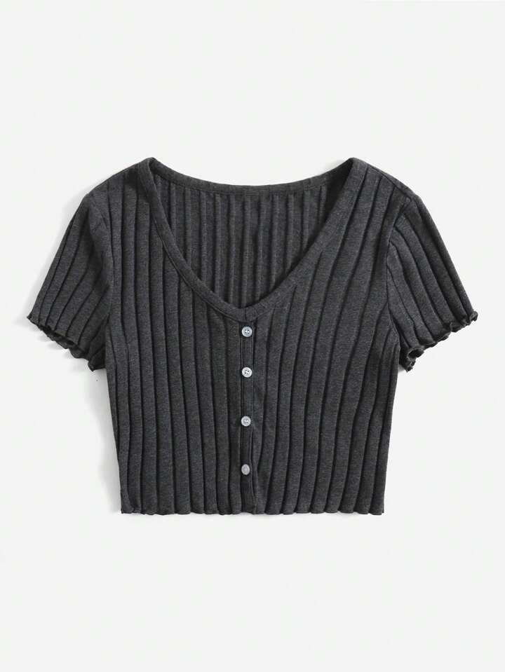 Button Up Rib-knit Crop Top