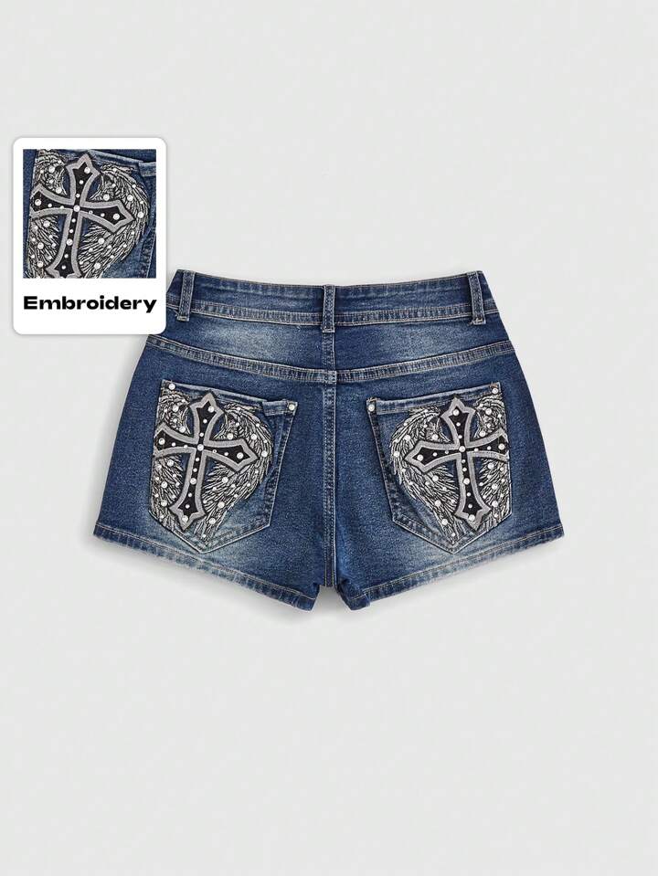 Grunge Punk Women's Gyaru Casual Denim Shorts With Cross Patterned Patch Pockets, School