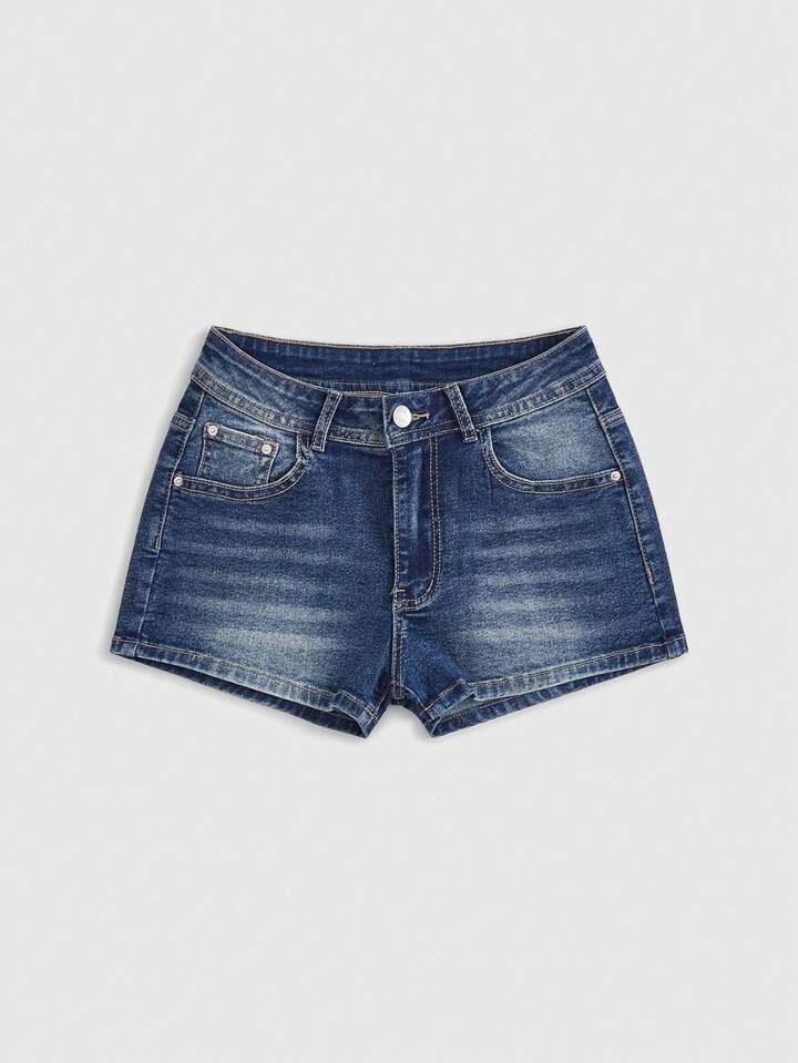 Grunge Punk Women's Gyaru Casual Denim Shorts With Cross Patterned Patch Pockets, School 2 Grunge Punk Women's Gyaru Casual Denim Shorts With Cross Patterned Patch Pockets, School