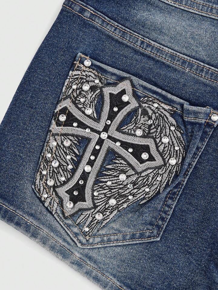 Grunge Punk Women's Gyaru Casual Denim Shorts With Cross Patterned Patch Pockets, School 4 Grunge Punk Women's Gyaru Casual Denim Shorts With Cross Patterned Patch Pockets, School