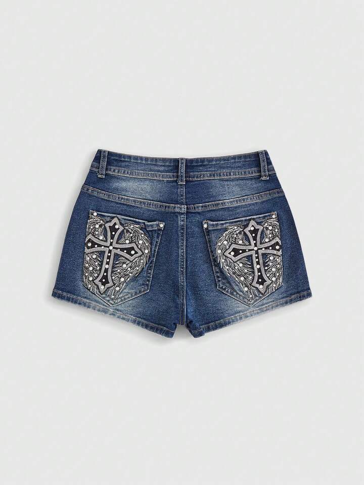 Grunge Punk Women's Gyaru Casual Denim Shorts With Cross Patterned Patch Pockets, School 5 Grunge Punk Women's Gyaru Casual Denim Shorts With Cross Patterned Patch Pockets, School