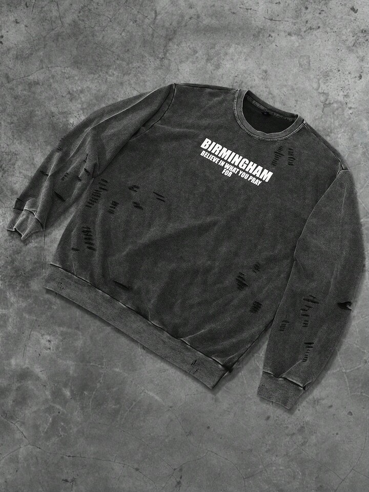 Street Life Men's Pullover Sweatshirt, Street American Style Acid-Washed Distressed Crew Neck Sweatshirt