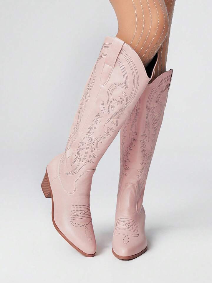 Fairycore Women's 2025 Spring/Autumn New Kawaii Pink Embroidered Western Boots, Leather Outdoor Fashion Slip-On Mid-Calf Boots For Christmas