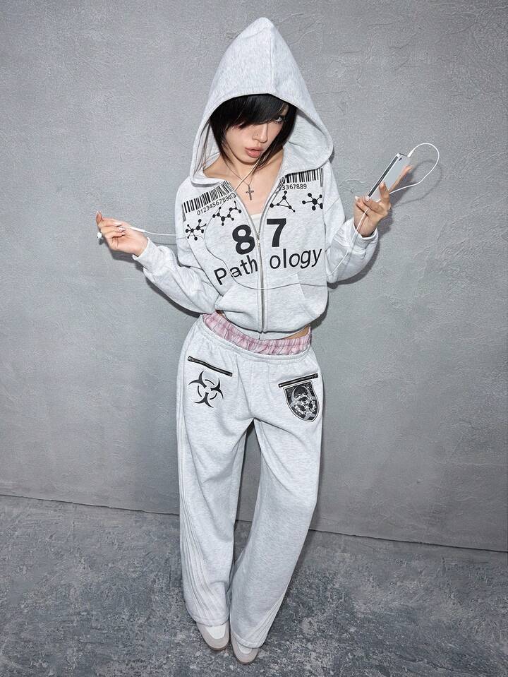 ROMWE Avant 2pcs Casual Streetwear Y3k Style Dual Waist Hoodie Set