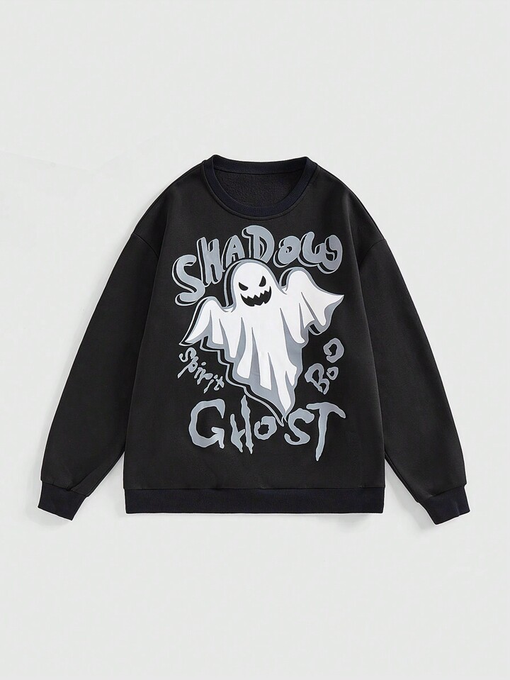 Halloween Ghost Print Fleece Pullover Hooded Sweatshirt