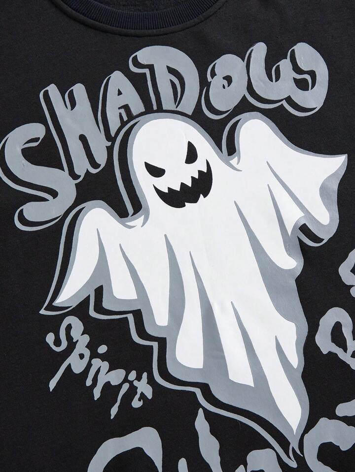 Halloween Ghost Print Fleece Pullover Hooded Sweatshirt