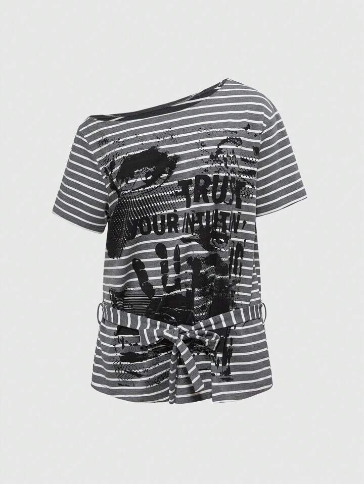 Goth Sexy Asymmetrical Shoulder Tie Waist Stripe Contrast Color Palm Eye Slogan Print Summer Loose Women T-Shirt